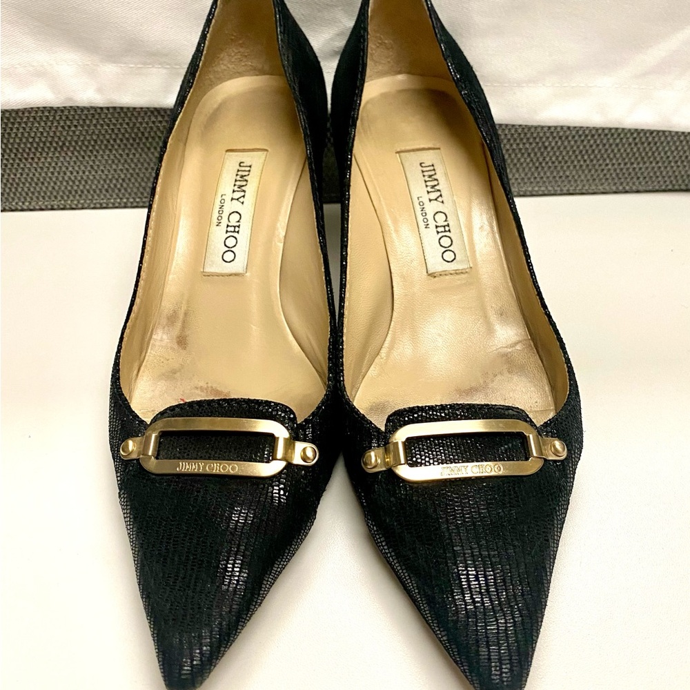 Size 36.5 Jimmy Choo low heel, pointy black leather with gold buckle. - Picture 4 of 9